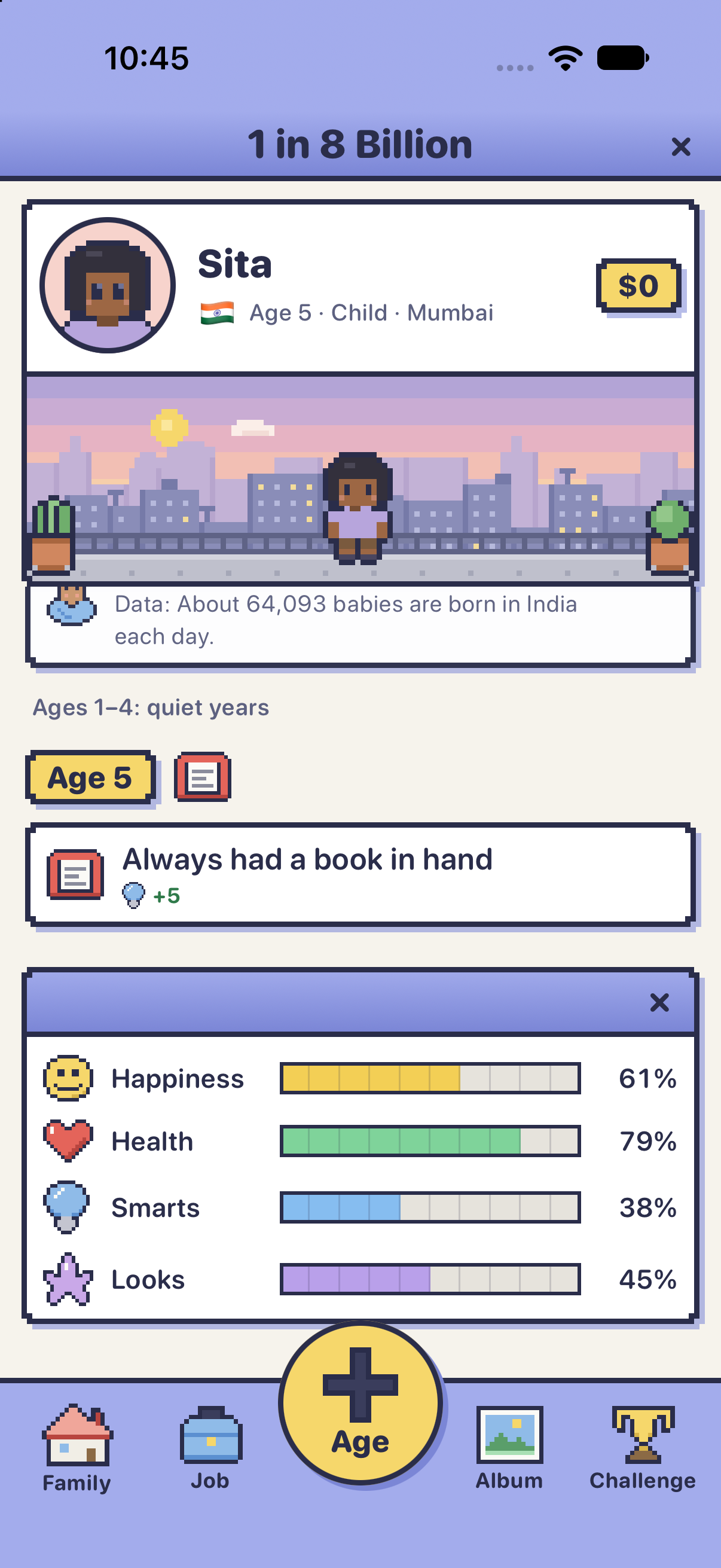 The actual iPhone game: Sita, age 5 in Mumbai, her life story and happiness, health, smarts, and looks